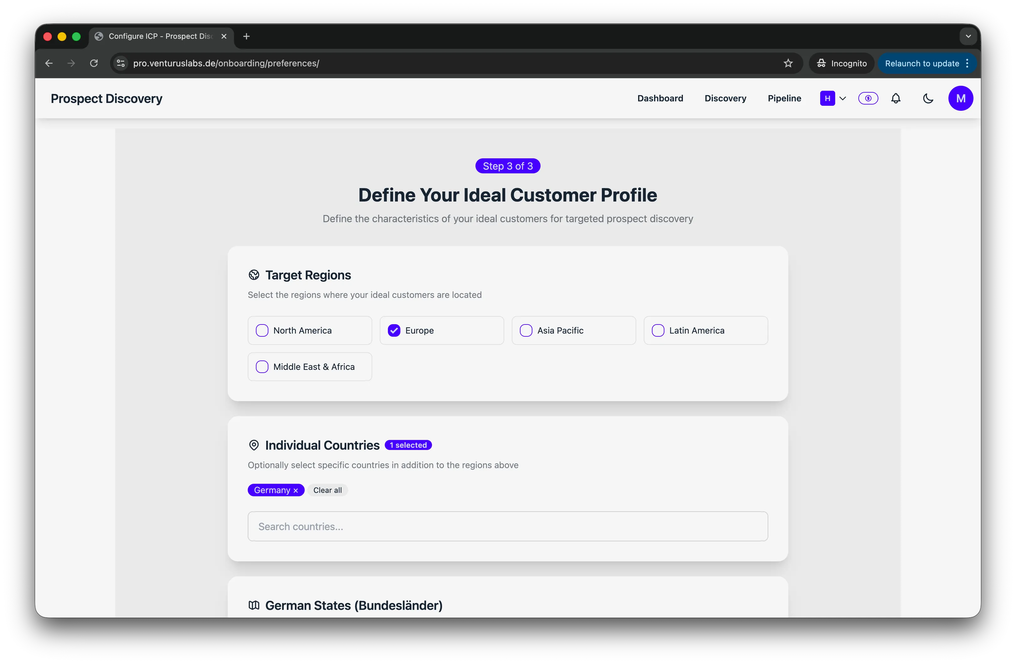 Defining ideal customer profile with region, country, and state targeting