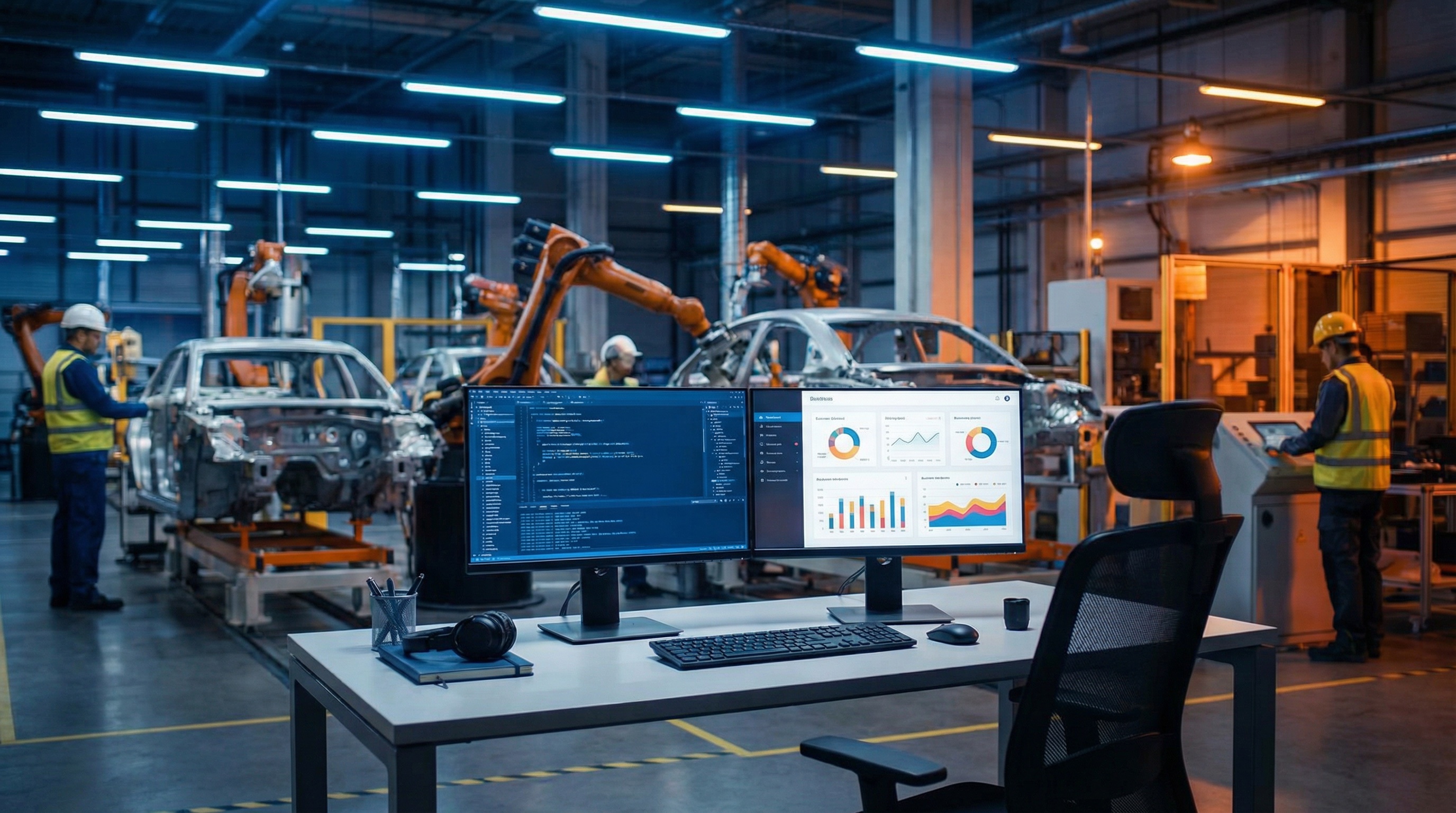 Factory floor with ERP terminal and code editor side by side